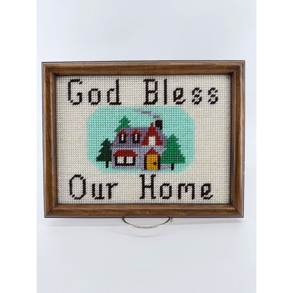 Vintage God Bless Our Home Framed Needlepoint Wall Art Cottage House Decor